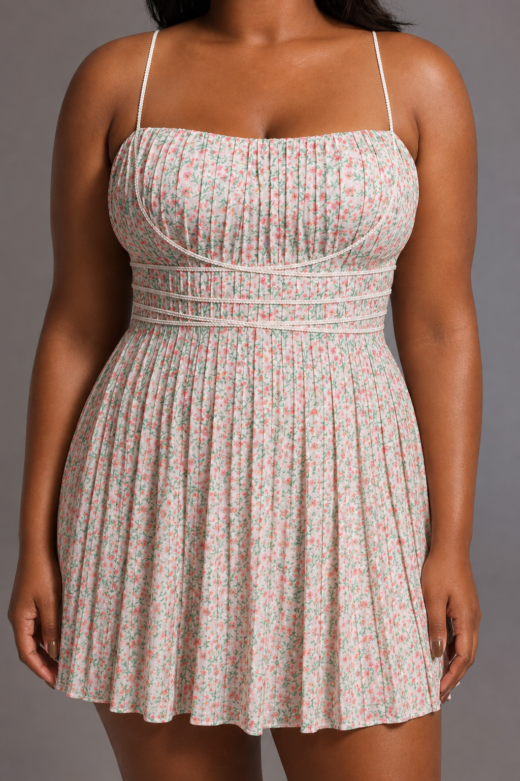 Modan Romantic Cinched Sleeveless Floral Print Pleated Woven Mini Dress C260400059