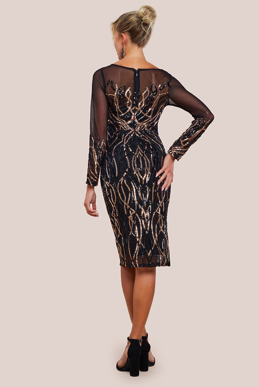 Long Sleeve Sequin Flame Midi Dress - Black DR3605