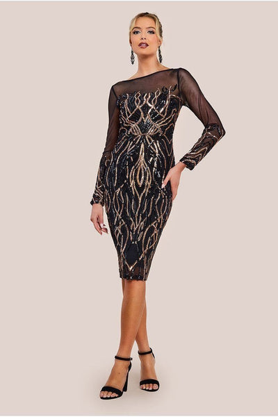 Long Sleeve Sequin Flame Midi Dress - Black | Goddiva Long Sleeve Sequin Flame Midi Dress - Black | Goddiva