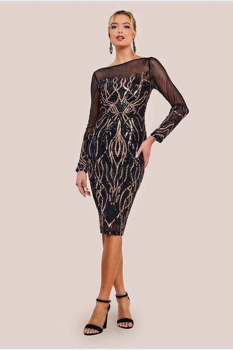 Long Sleeve Sequin Flame Midi Dress - Black | Goddiva Long Sleeve Sequin Flame Midi Dress - Black | Goddiva
