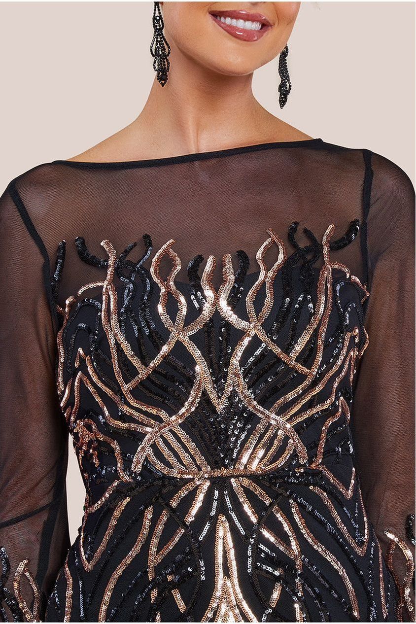 Long Sleeve Sequin Flame Midi Dress - Black | Goddiva Long Sleeve Sequin Flame Midi Dress - Black | Goddiva