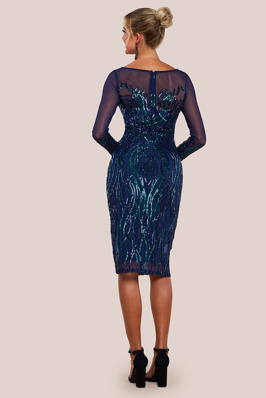 Long Sleeve Sequin Flame Midi Dress - Navy DR3605