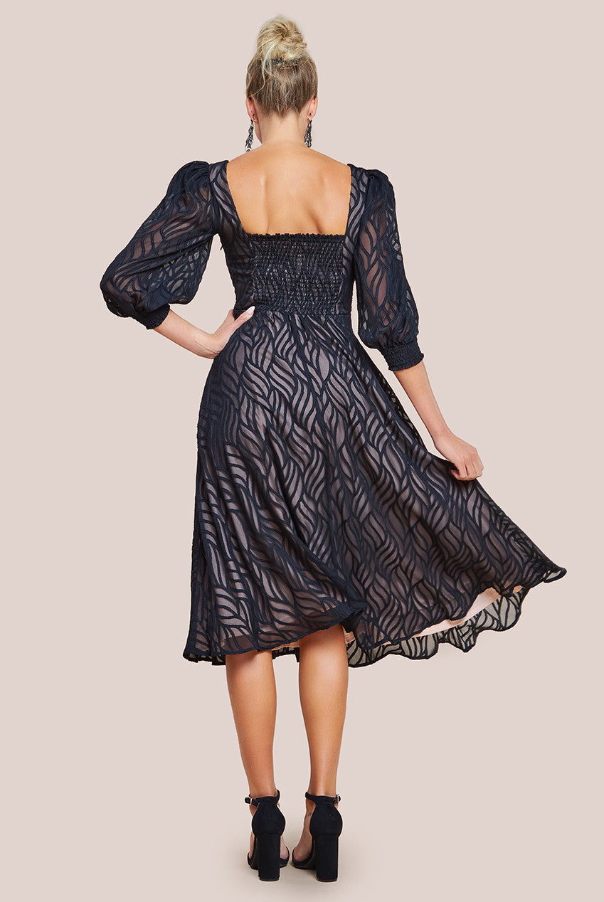 Puff Sleeve Side Slit Flared Jacquard Chiffon Midi Dress - Black DR4447