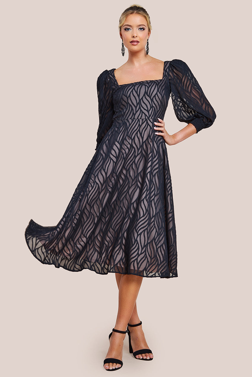 Puff Sleeve Side Slit Flared Jacquard Chiffon Midi Dress - Black DR4447