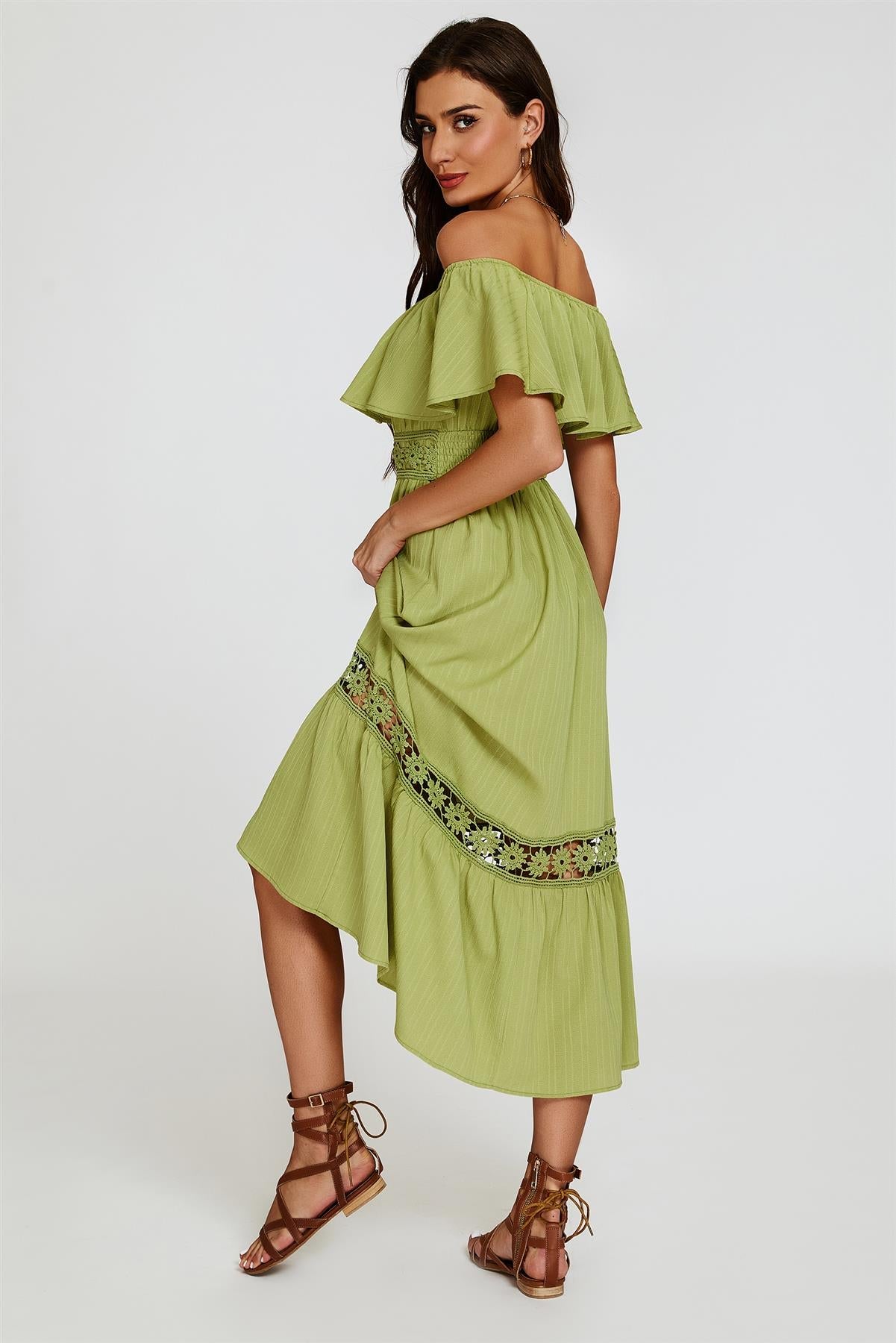 Lace Detail Bardot Maxi Dress In Green FS831-GL
