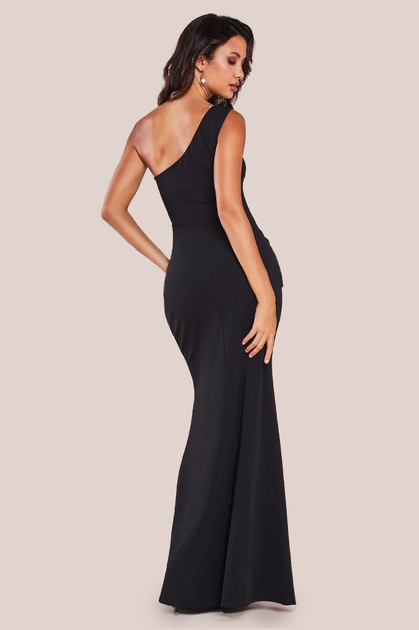 One Shoulder Pleated Fan Maxi Dress - Black DR4075