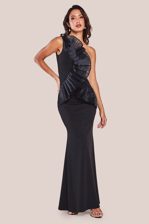 One Shoulder Pleated Fan Maxi Dress - Black by Goddiva