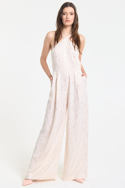 Champagne Jacquard Wide Leg Jumpsuit by Liquorish