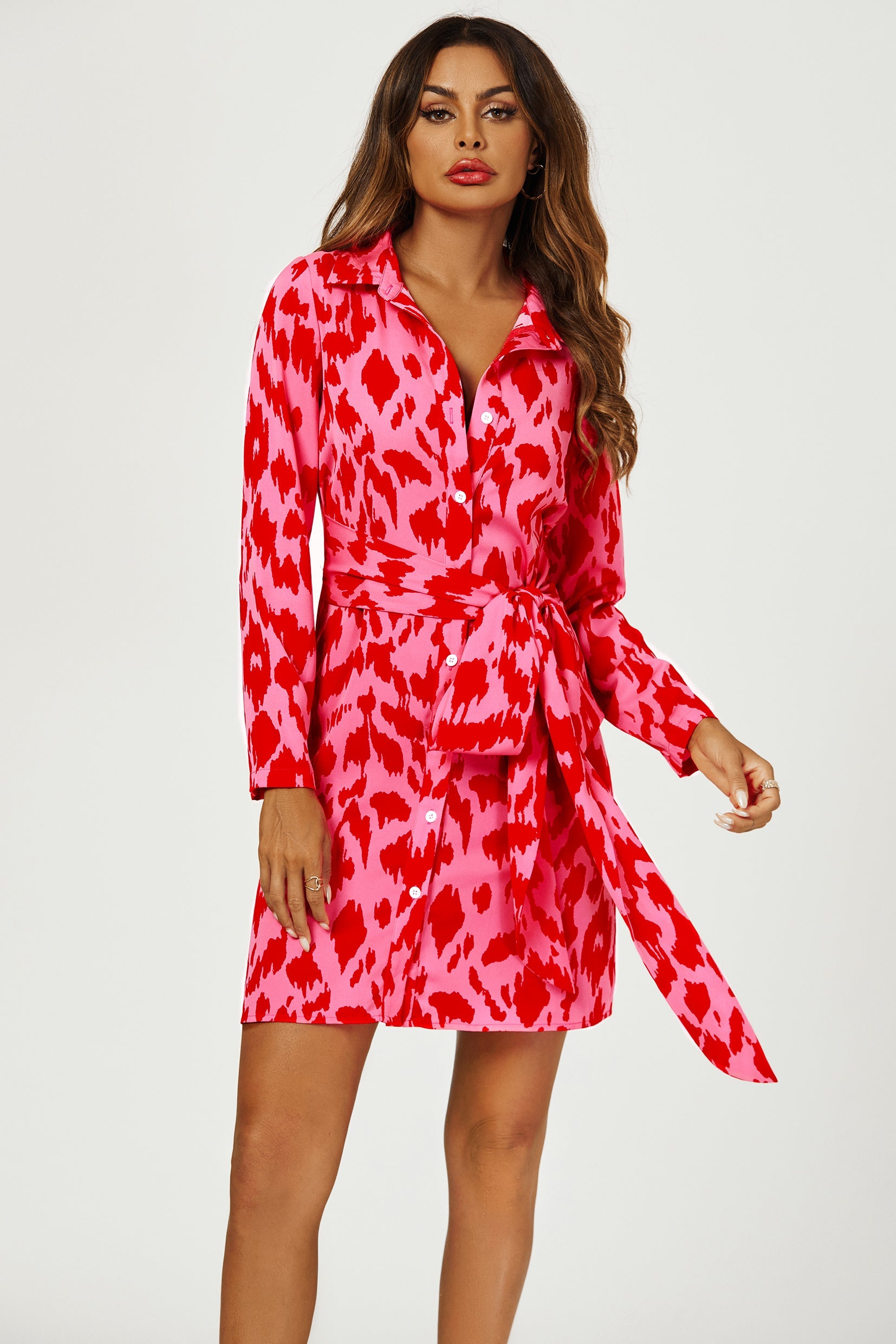 Abstract Print Shirt Mini Wrap Dress In Pink FS515-PAP