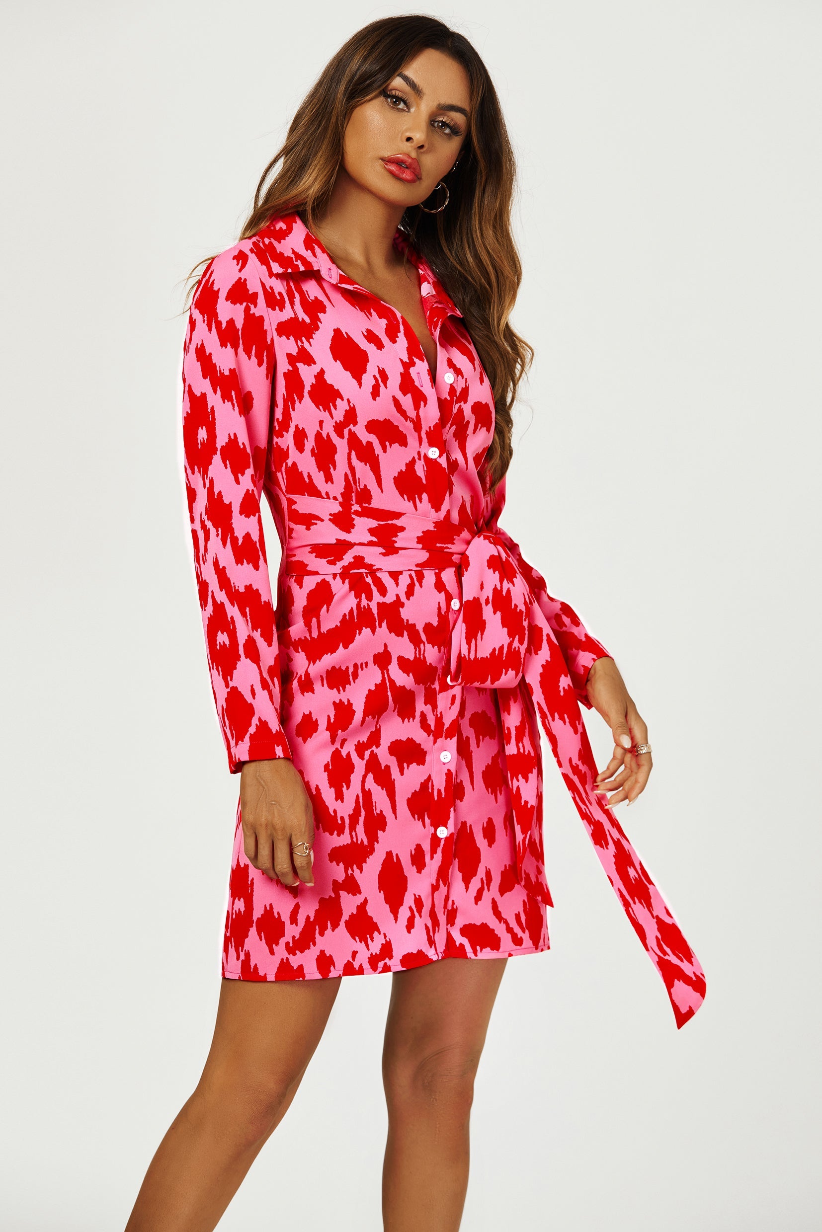 Abstract Print Shirt Mini Wrap Dress In Pink FS515-PAP