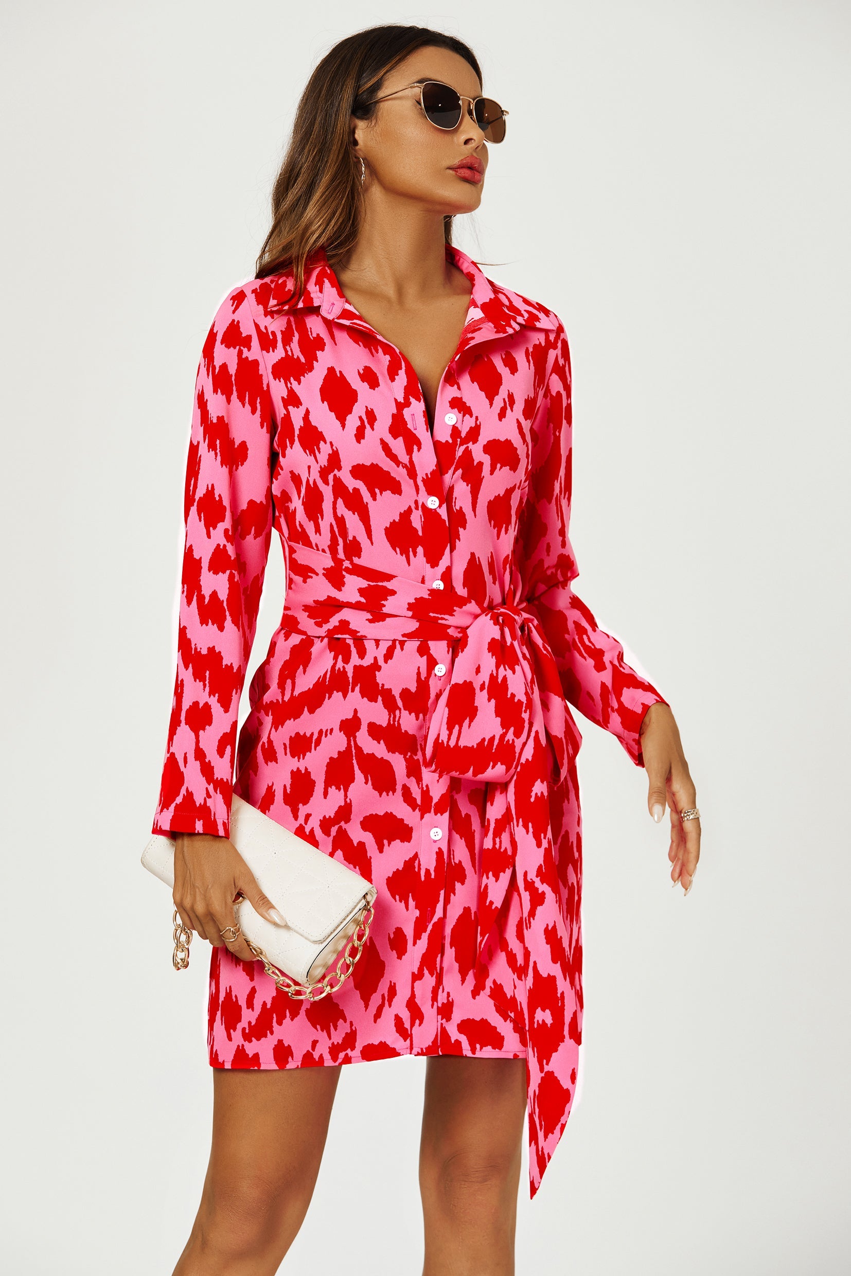 Abstract Print Shirt Mini Wrap Dress In Pink FS515-PAP