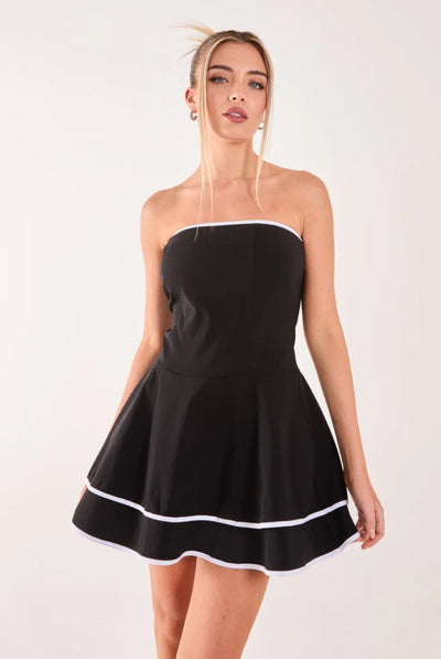 Black White - Bandeau Contrast Binding Mini Dress by Pink Vanilla