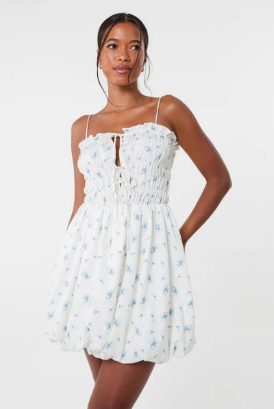 Ivory - Tie Front Ditsy Puffball Dress by Pink Vanilla