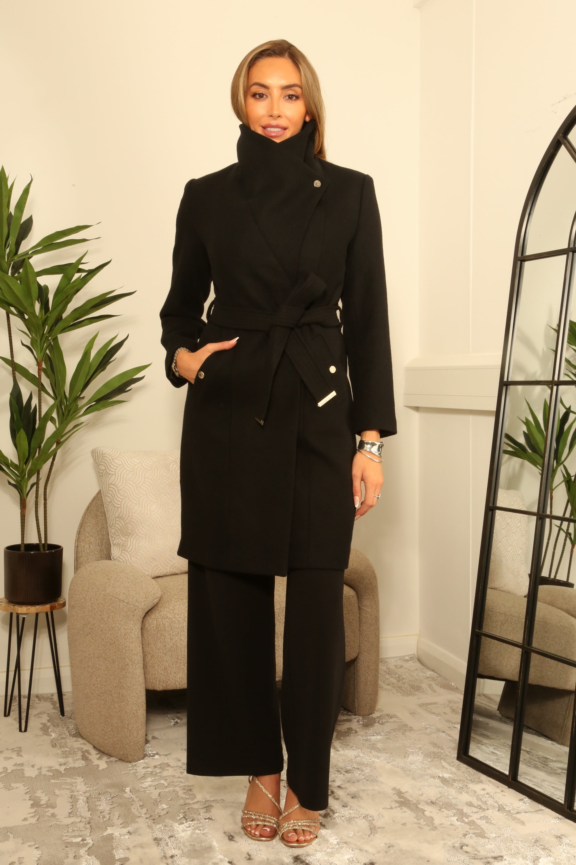 Black Wool Blend Wrap Coat OU0000046