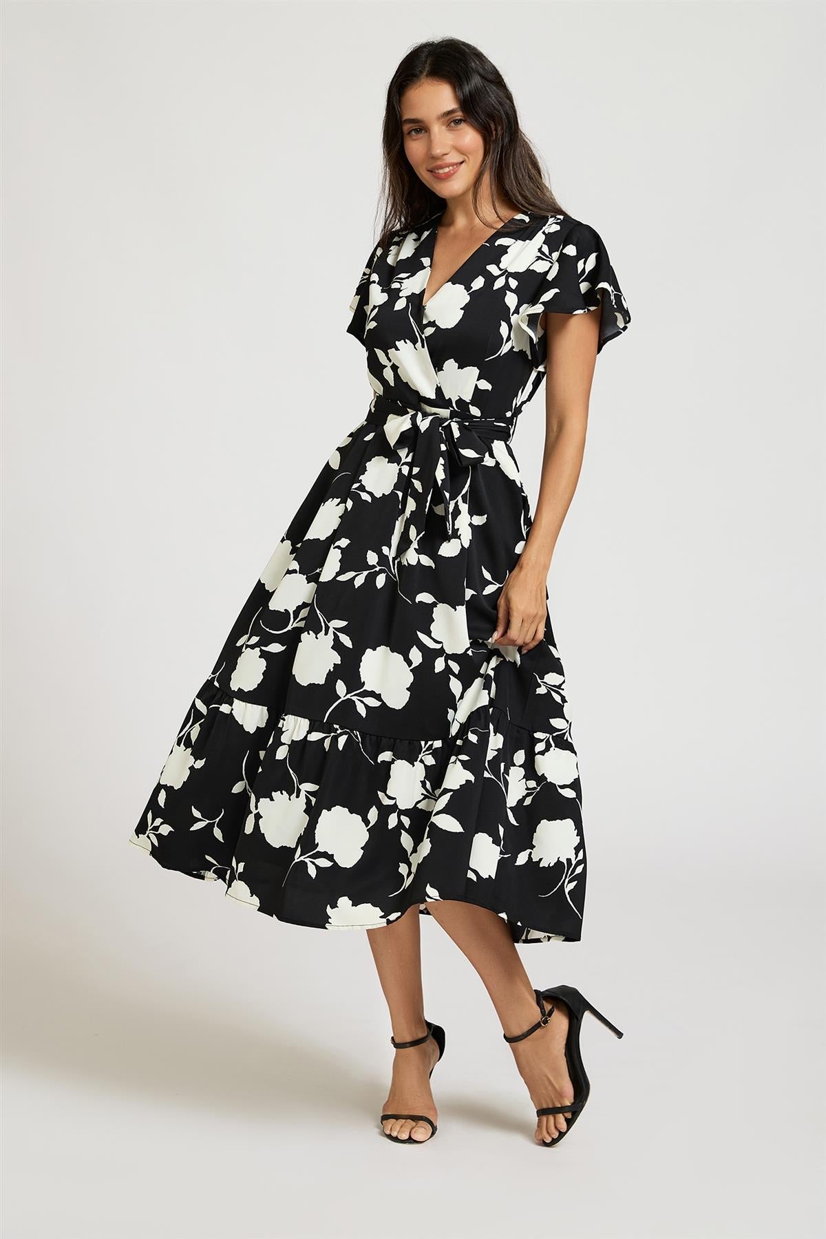 White Floral Print Wrap Top Belted Midi Dress In Black FS989