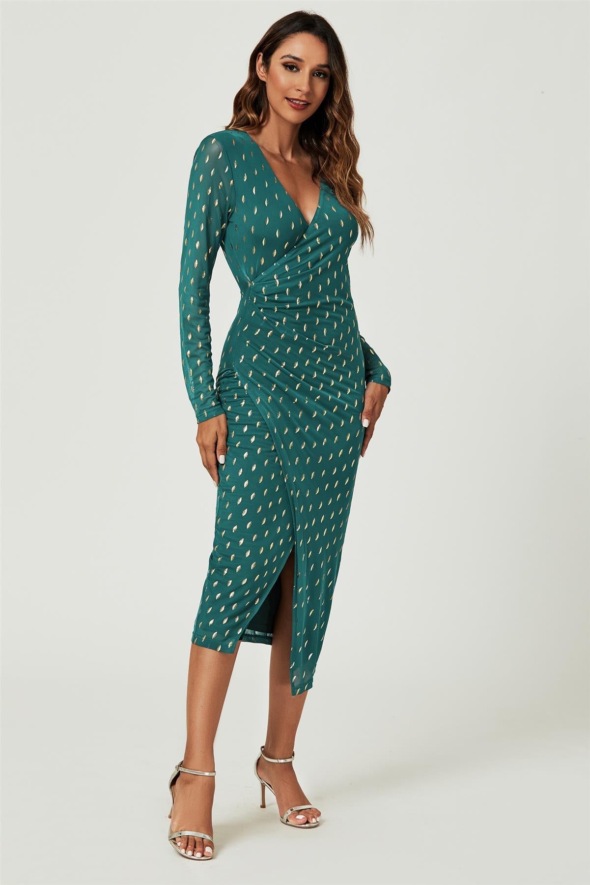 Foil Mesh Long Sleeve Midi Dress In Green FS740-GreenFoil