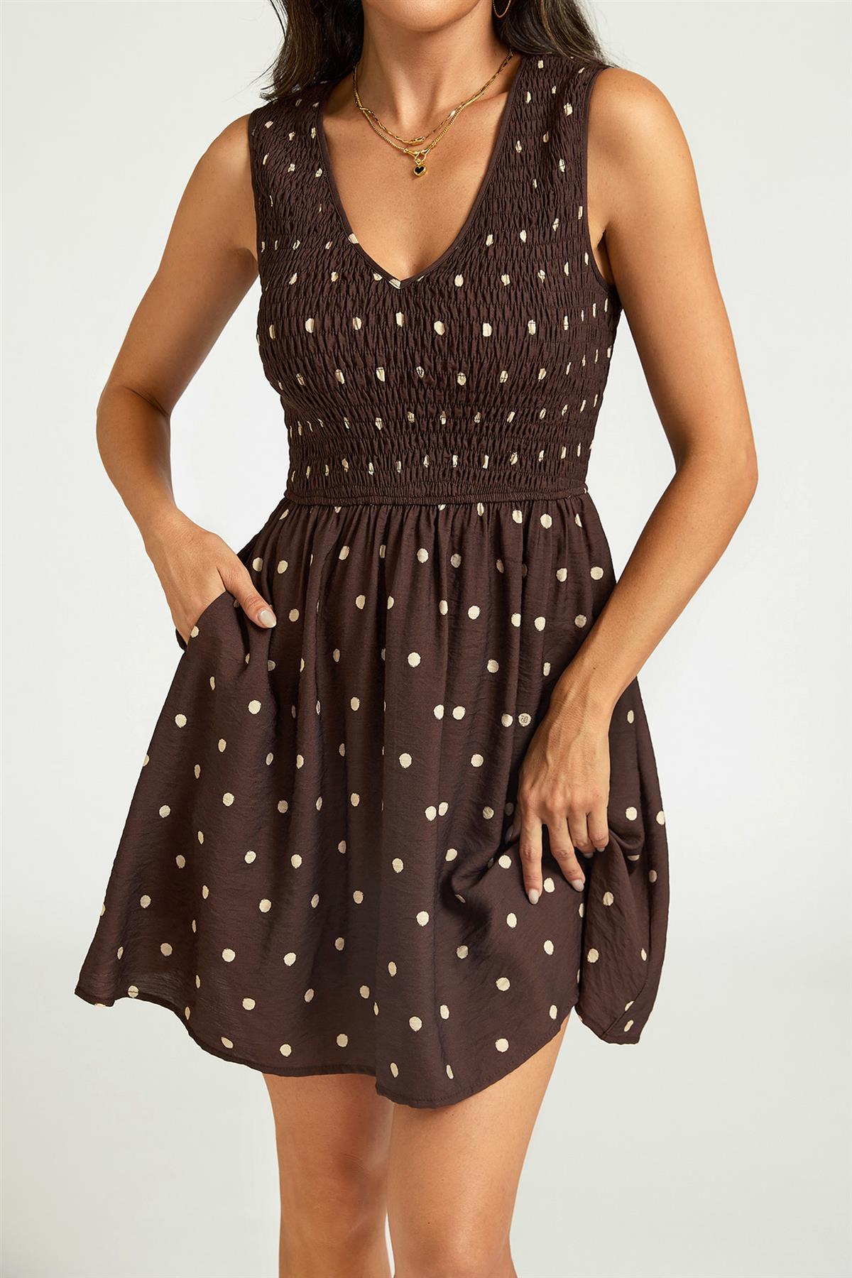 Dot Print V-Neck Sleeveless Shirred Mini Dress In Brown FS988
