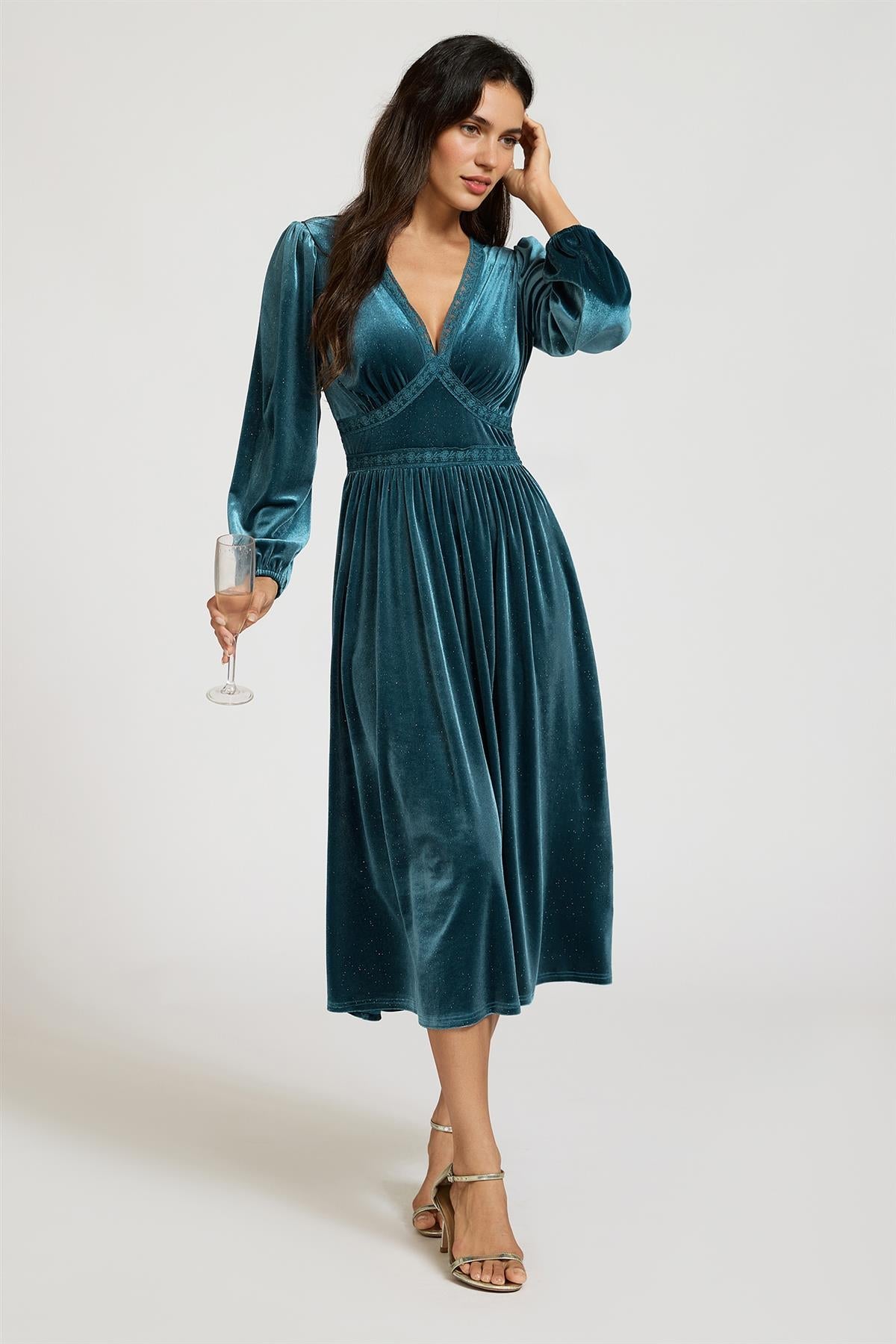 Silver Foil Velvet Lace Trim Neckline Midi Dress In Teal FS906
