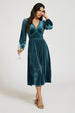 Silver Foil Velvet Lace Trim Neckline Midi Dress In Teal by FS Collection