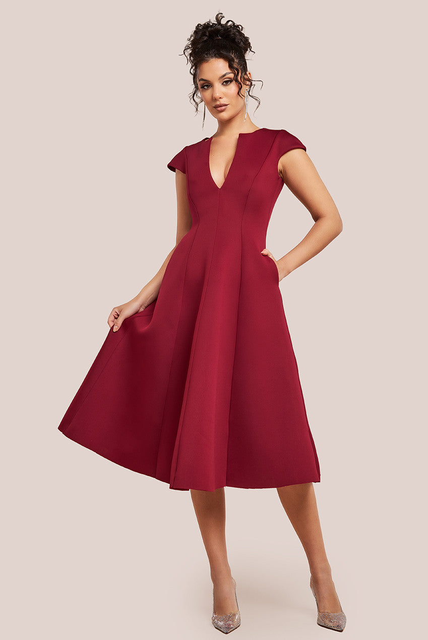 Cap Sleeve Plunging V-Neckline A-line Midi Dress - Wine DR4540