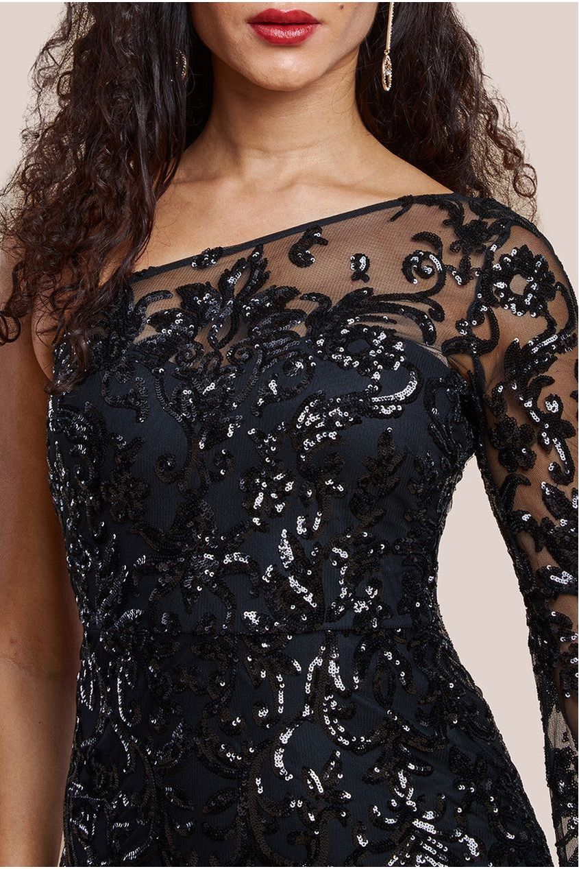 Sequin Mesh One Shoulder Evening Maxi Dress - Black DR3195