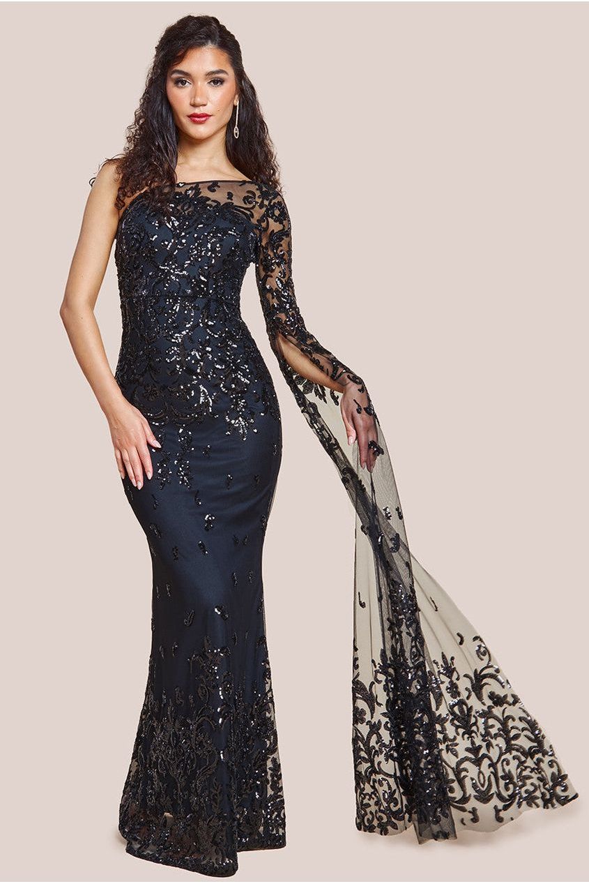 Sequin Mesh One Shoulder Evening Maxi Dress - Black DR3195