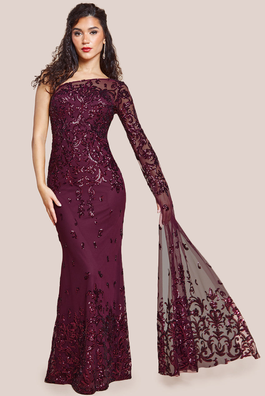 Sequin Mesh One Shoulder Evening Maxi - Burgundy DR3195