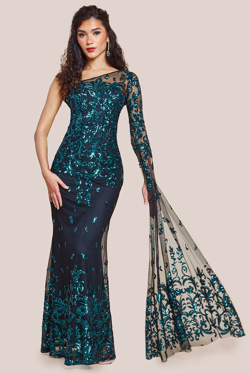 Sequin Mesh One Shoulder Evening Maxi Dress - Emerald Green DR3195