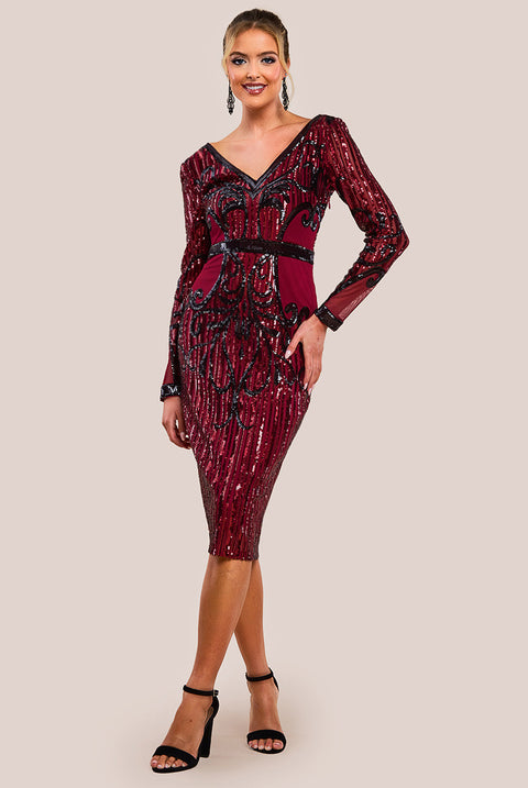 Sequin & Mesh Embroidered Midi Dress - Wine by Goddiva