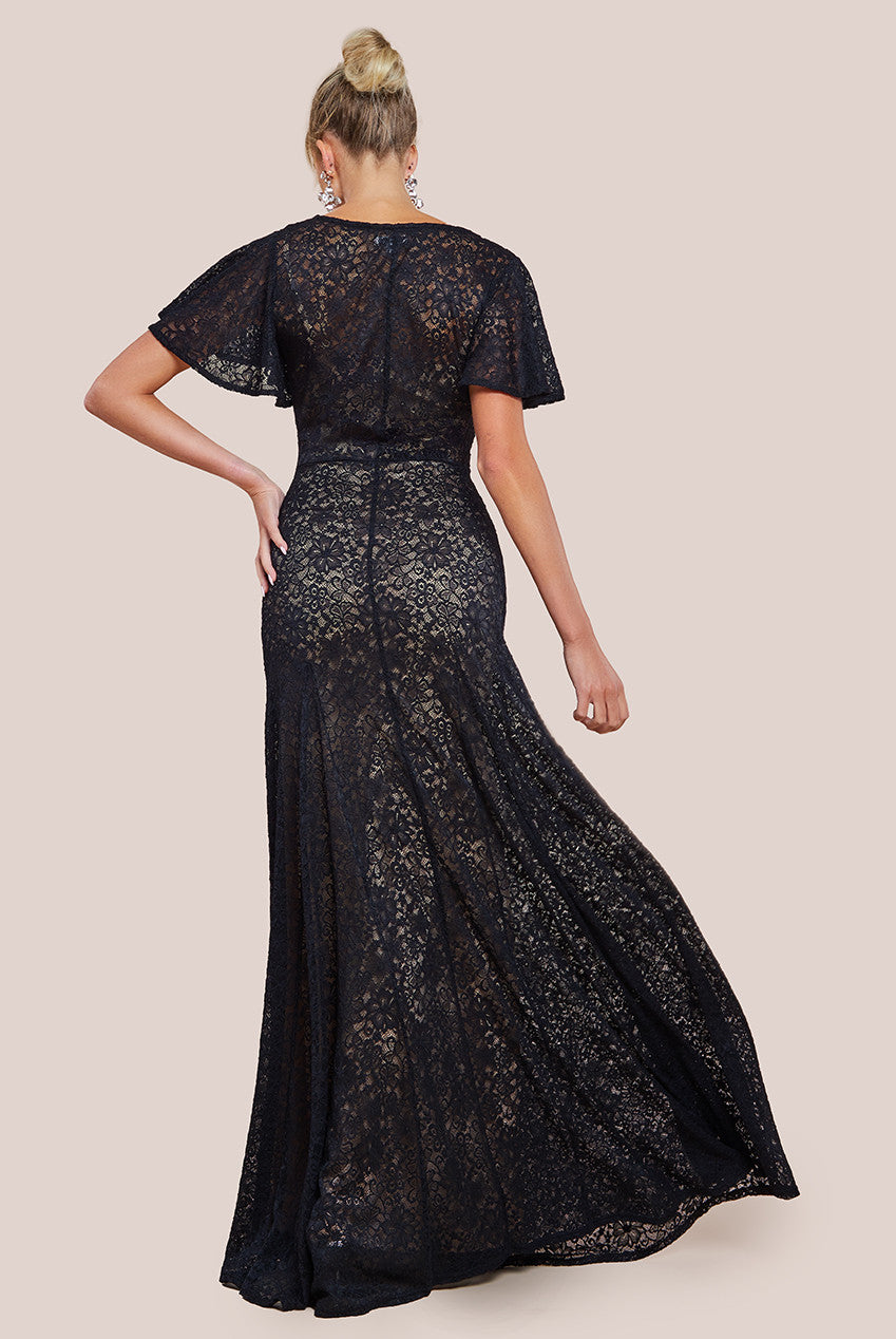 Flutter Sleeve Lace A-Line Maxi Dress - Black DR4361