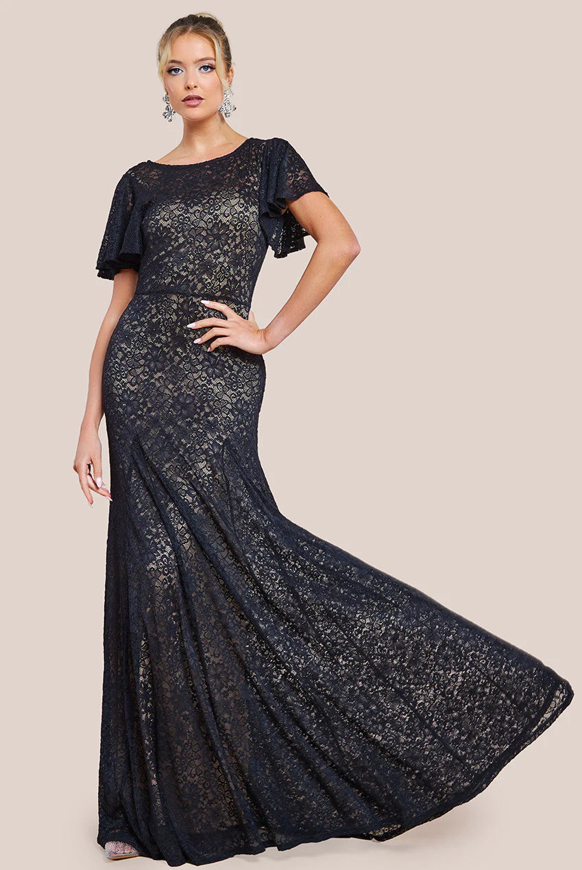 Flutter Sleeve Lace A-Line Maxi Dress - Black DR4361