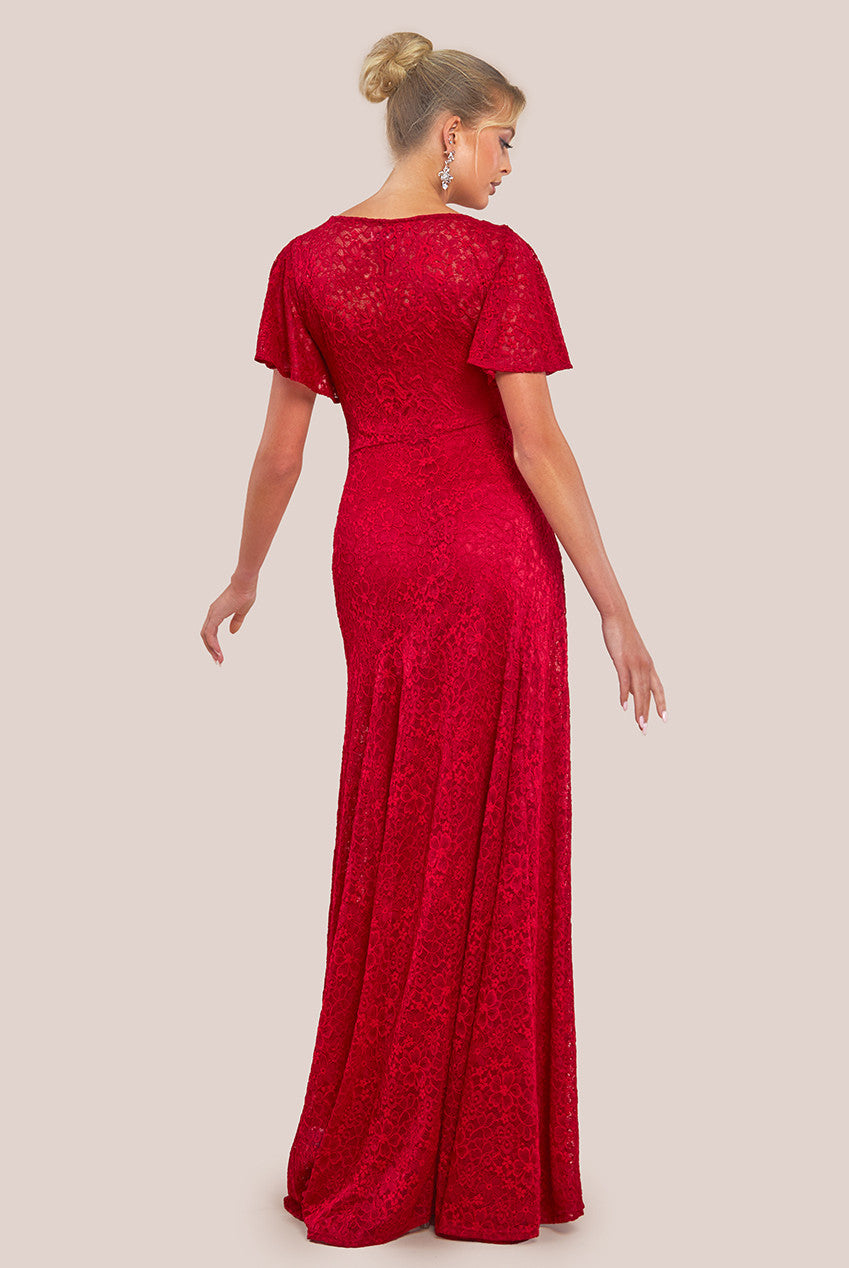 Flutter Sleeve Lace A-Line Maxi Dress - Red DR4361