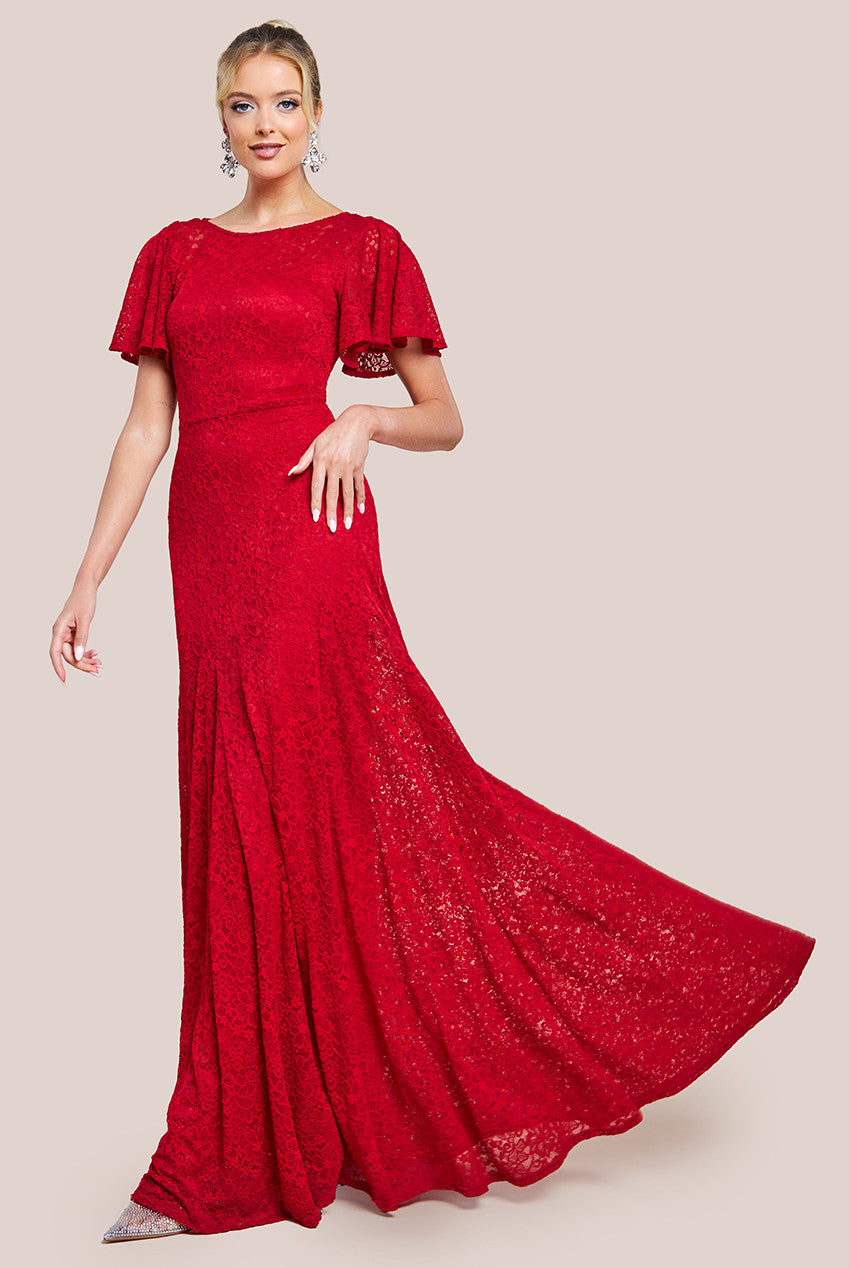 Flutter Sleeve Lace A-Line Maxi Dress - Red DR4361