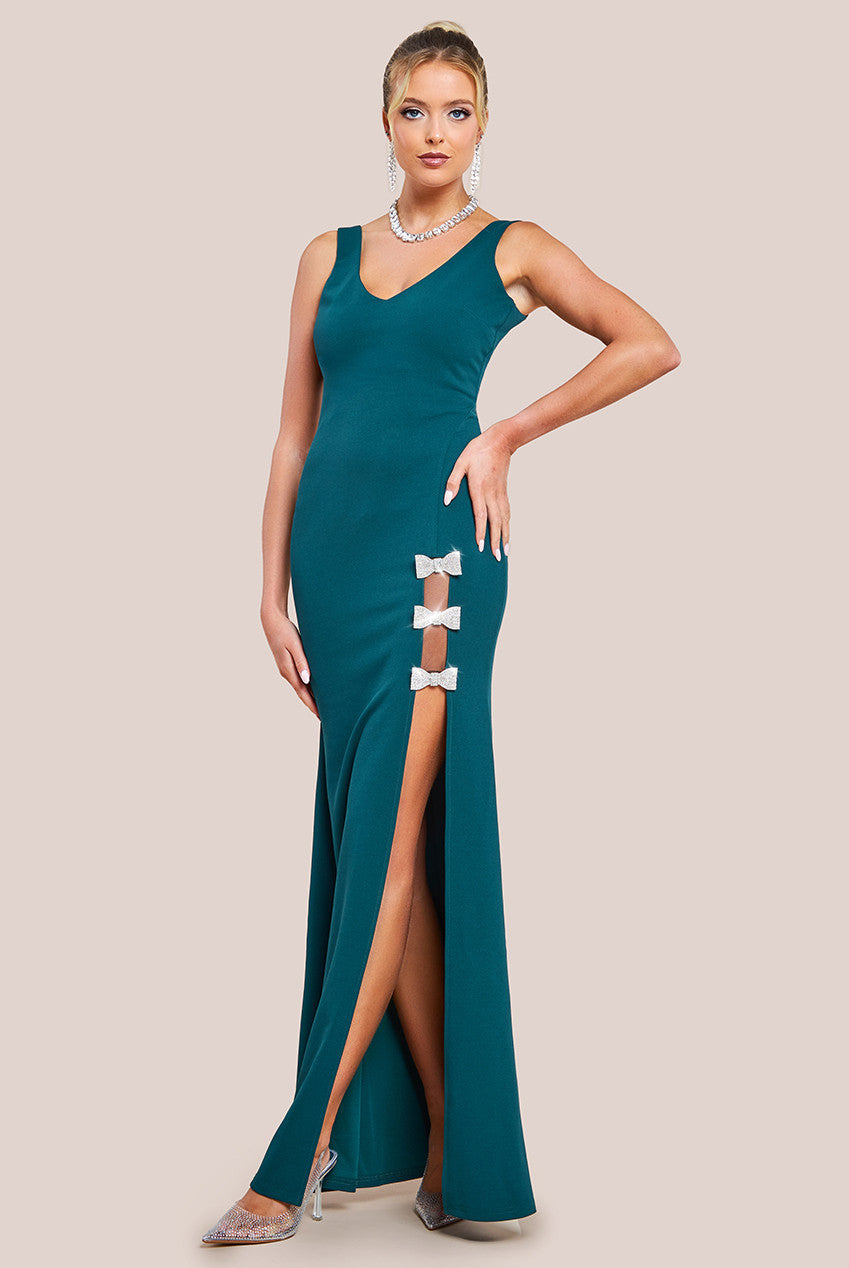 Diamante Brooch Thigh Split Mermaid Maxi Dress - Emerald DR4433