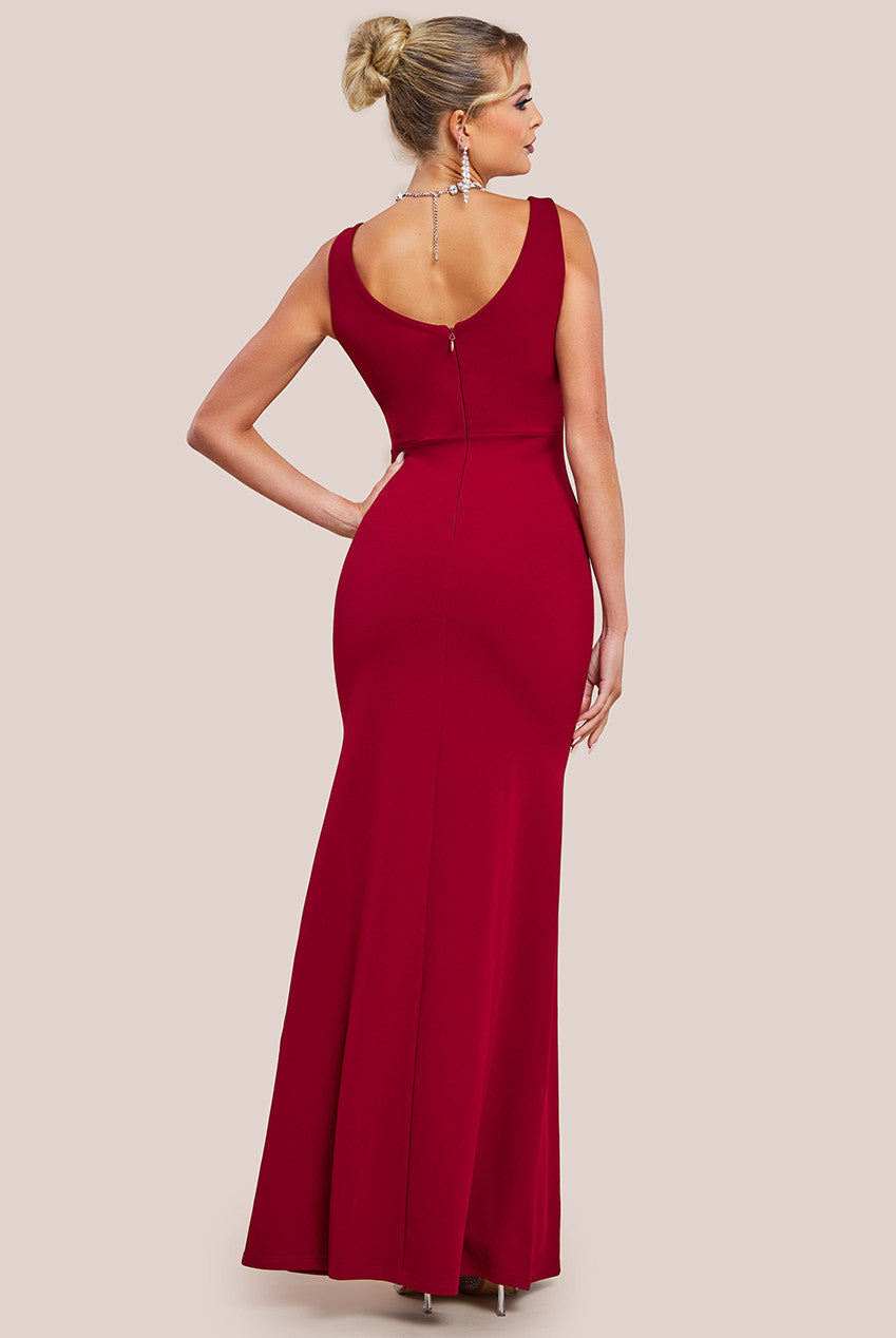 Diamante Brooch Thigh Split Mermaid Maxi Dress - Wine DR4433