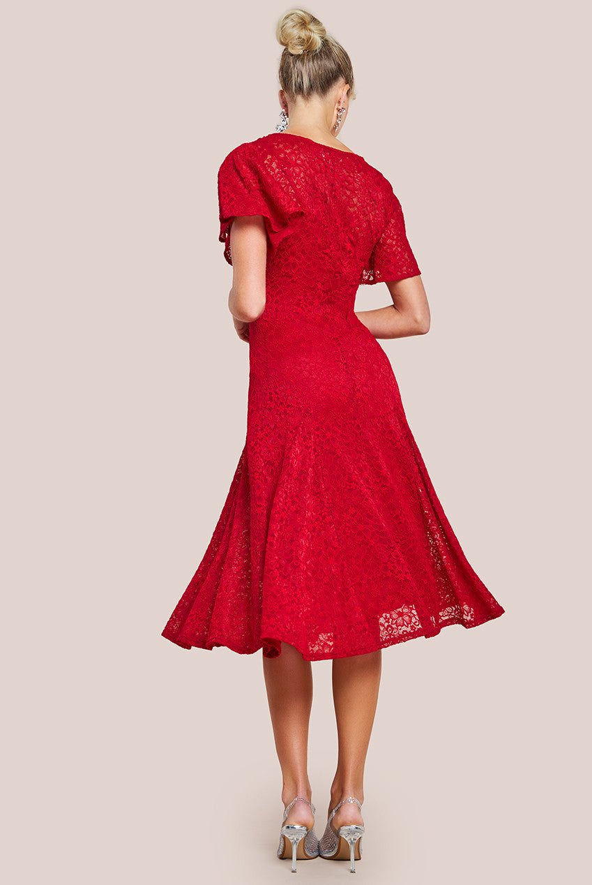 Flutter Sleeve Lace A-Line Midi Dress - Red DR4498