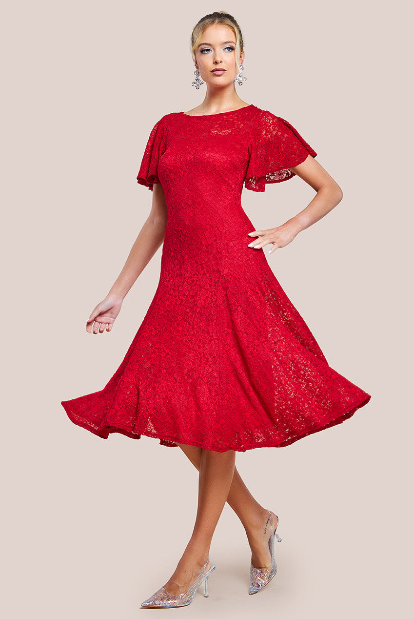 Flutter Sleeve Lace A-Line Midi Dress - Red DR4498