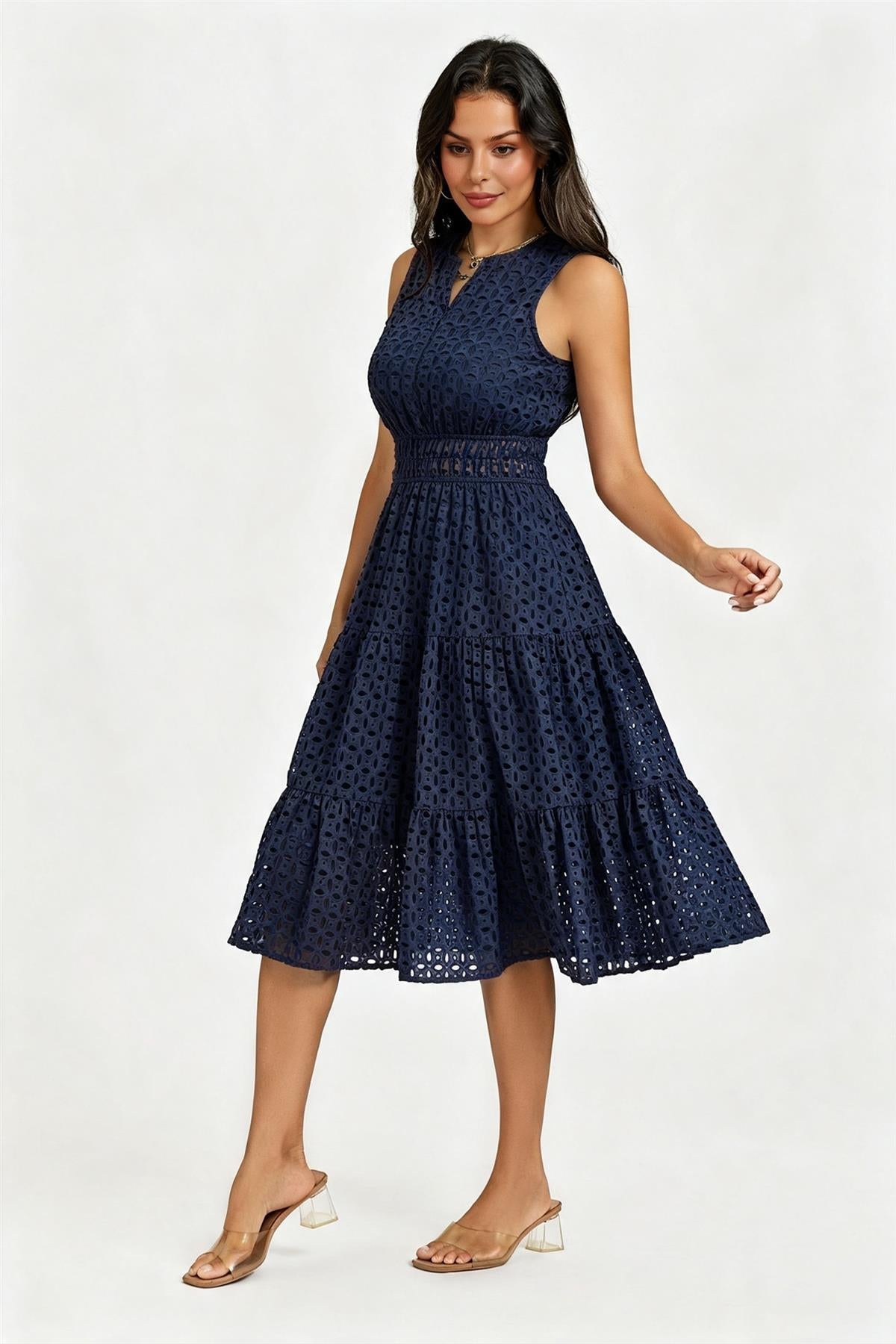 Sleeveless Broderie Anglaise Midi Dress In Navy FS982