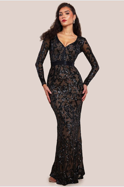 Embroidered Sequin Mesh Maxi Dress Black