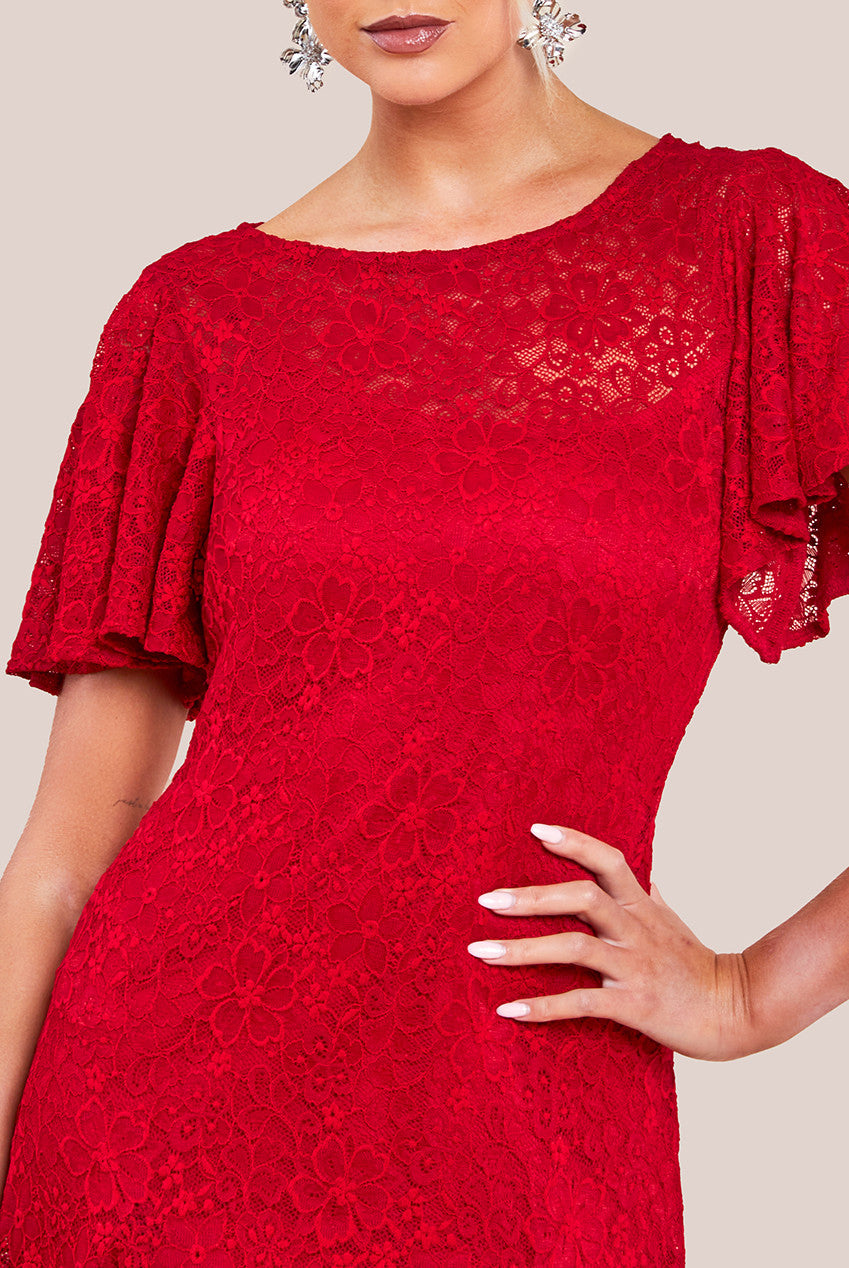 Flutter Sleeve Lace A-Line Midi Dress - Red DR4498