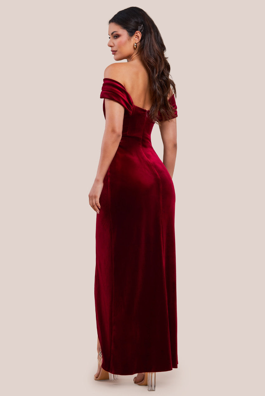 Draped Shoulder Velvet Corset Maxi Dress - Wine DR4044