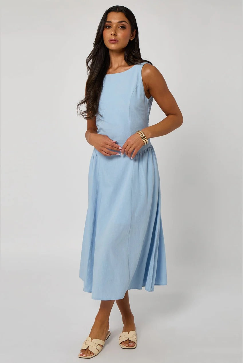 Blue Linen-Look Sleeveless Smock Dress 40DRS36806-c45
