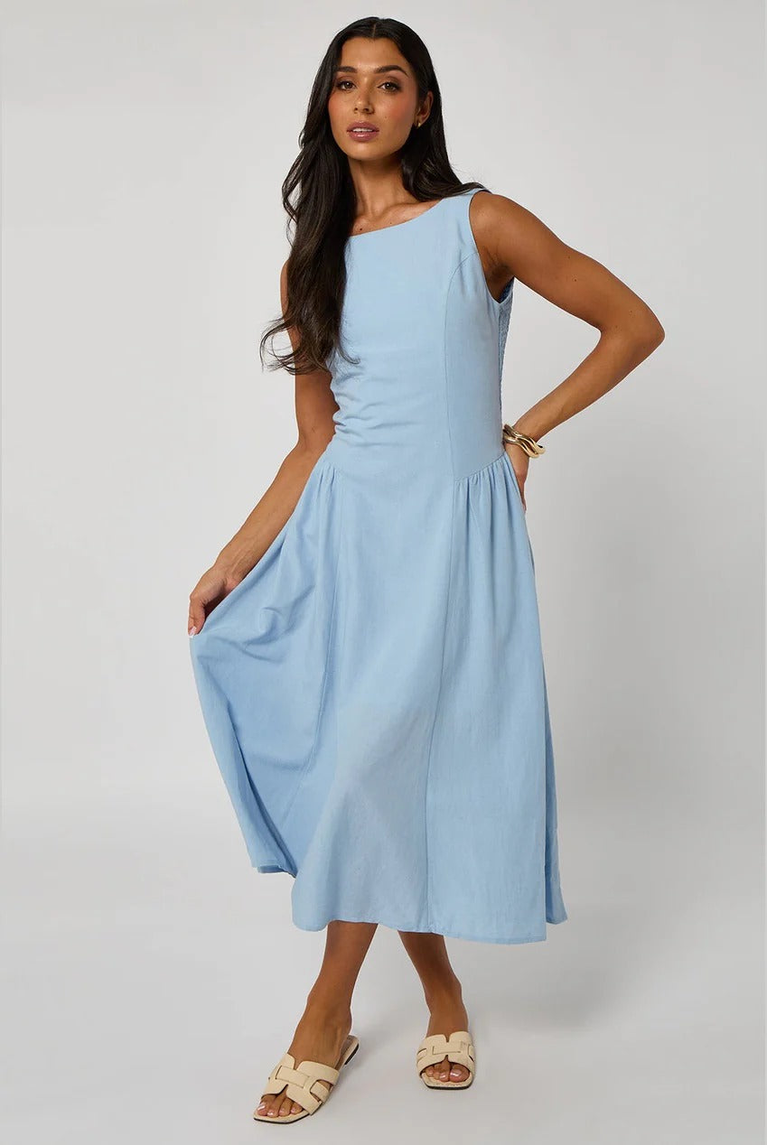 Blue Linen-Look Sleeveless Smock Dress 40DRS36806-c45