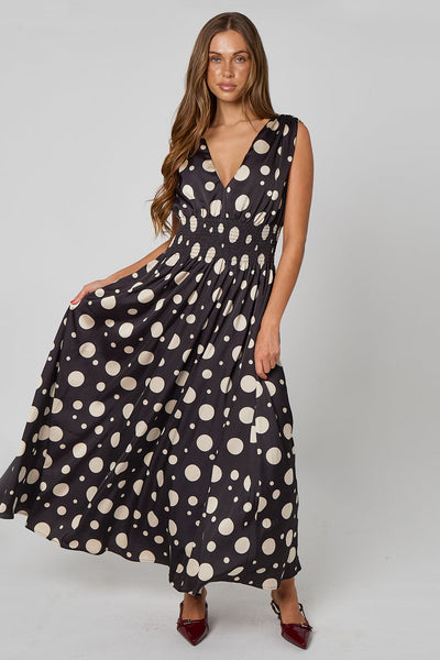 Black - Spot Elasticated Waist Maxi Dress by Urban Bliss