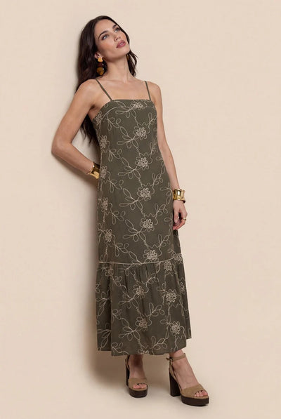 Khaki - Embroidered Maxi Dress Khaki by Urban Bliss