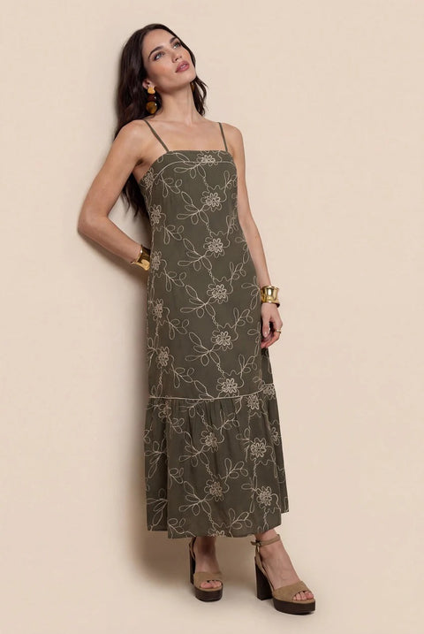 Embroidered Maxi Dress Khaki by Urban Bliss