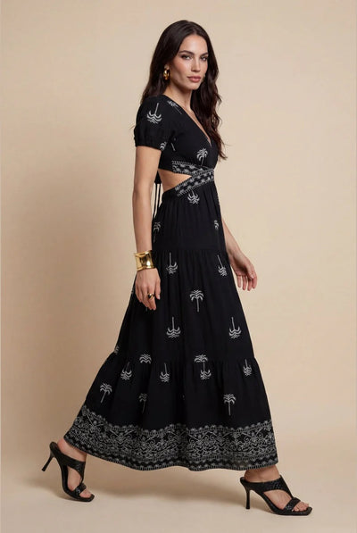 Black - Open Pen Back Tiered Maxi Dress Black Pattern by Urban Bliss