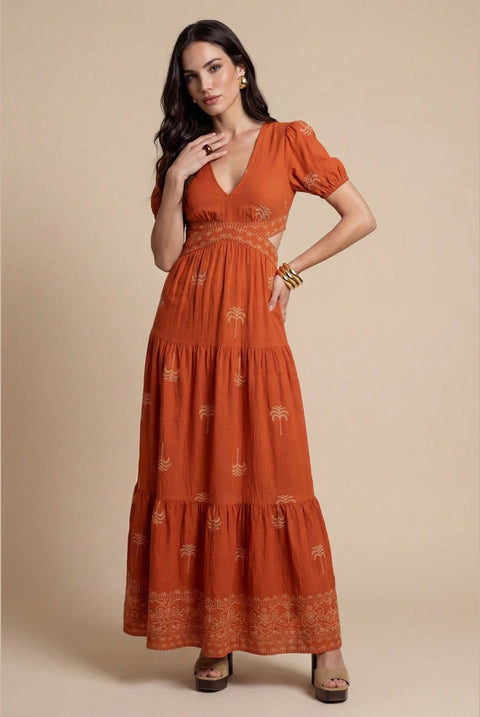Open Back Tiered Maxi Dress Rust Pattern by Urban Bliss