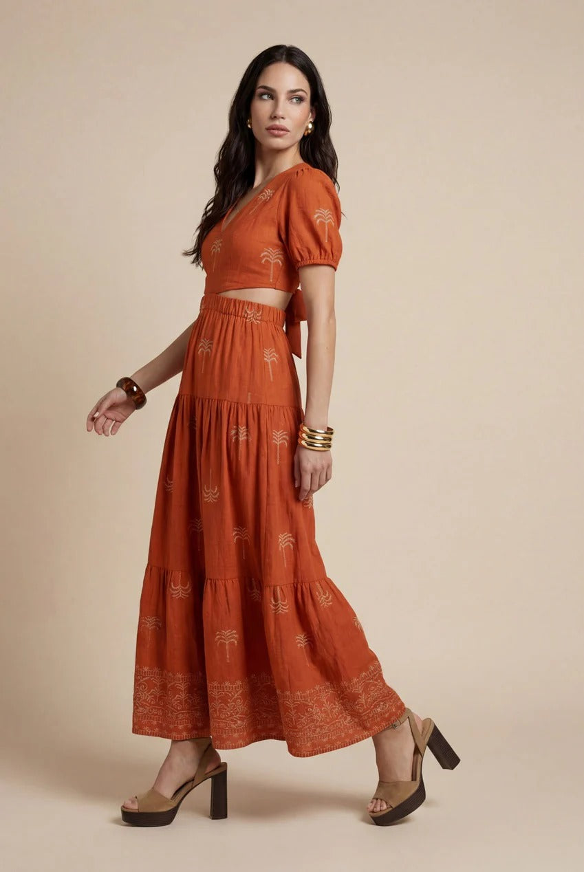 Open Back Tiered Maxi Dress Rust Pattern 40DRS38706-c81