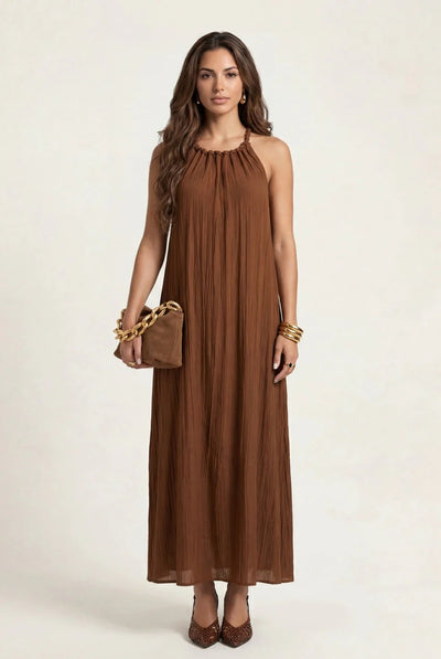 Tan - Braided Neck Trim Maxi Dress Tan by Urban Bliss